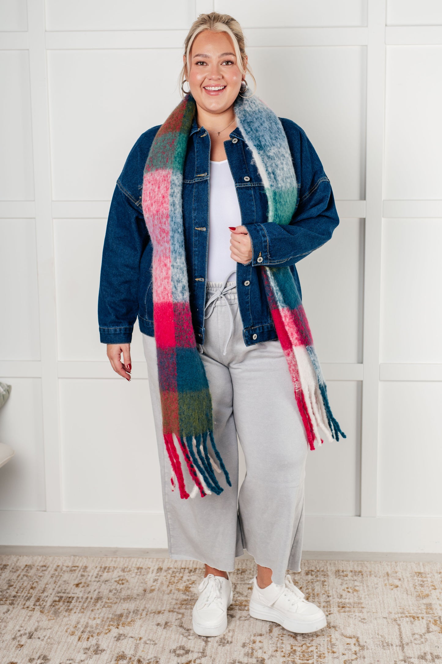 Wanderlust Wrap Oversized Plaid Fringe Scarf | Magenta and Teal