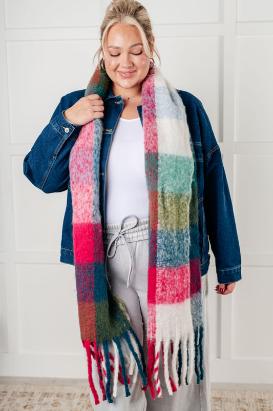 Wanderlust Wrap Oversized Plaid Fringe Scarf | Magenta and Teal