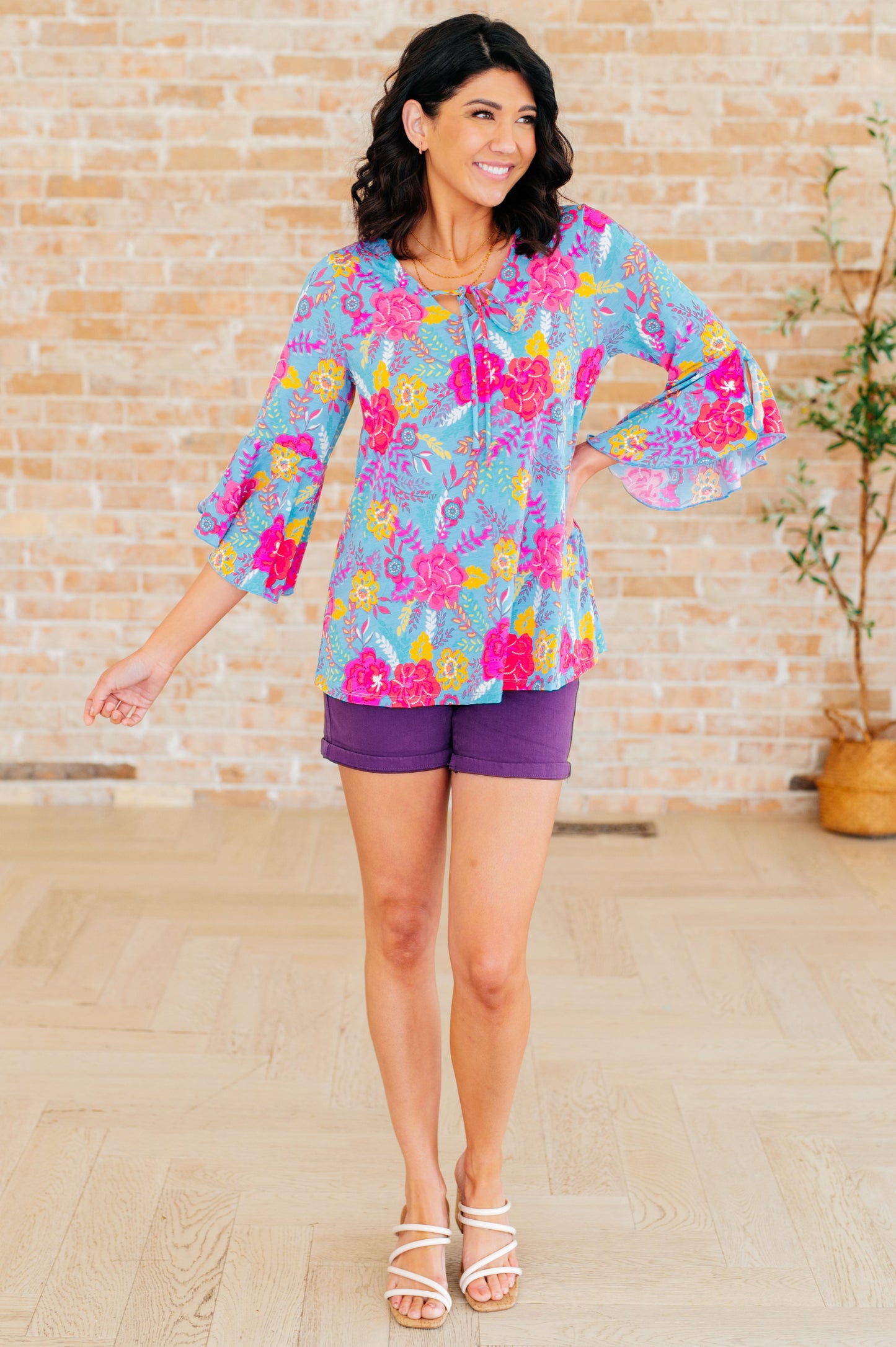 Willow Bell Sleeve Top | Bright Blue Floral