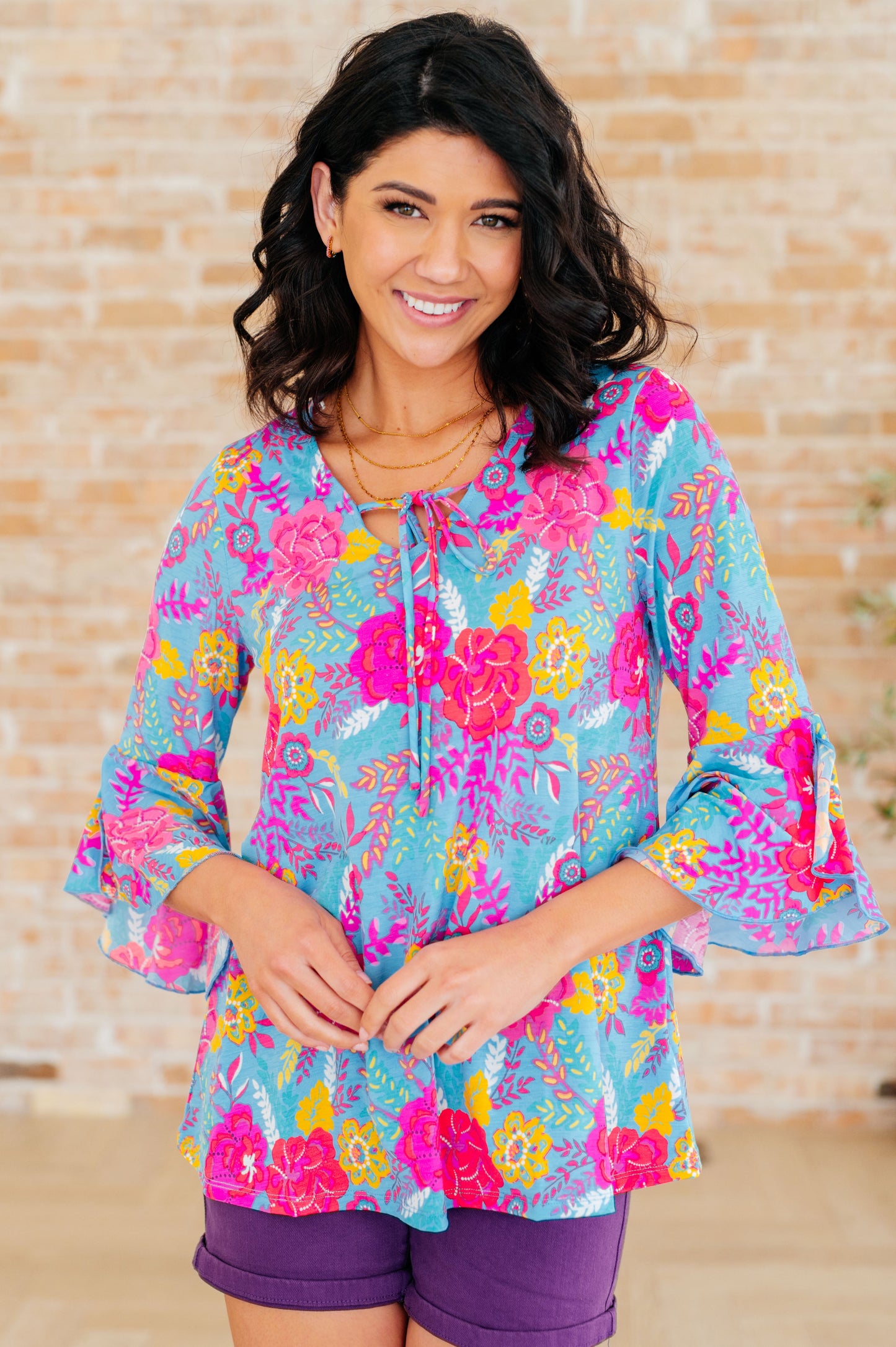 Willow Bell Sleeve Top | Bright Blue Floral