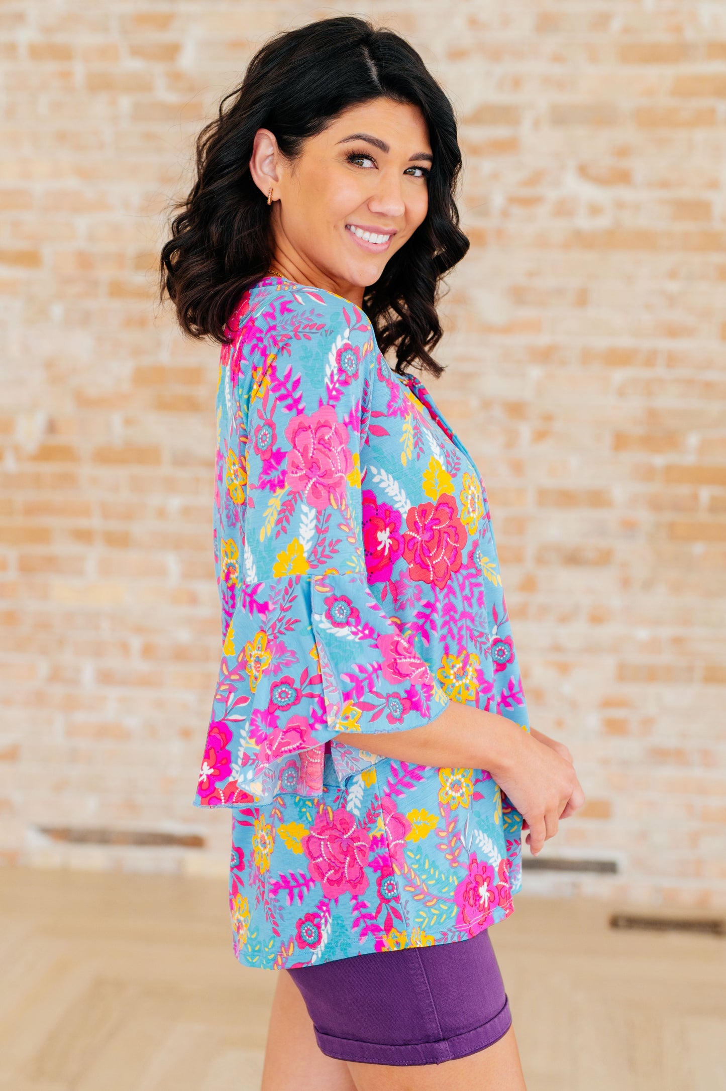 Willow Bell Sleeve Top | Bright Blue Floral