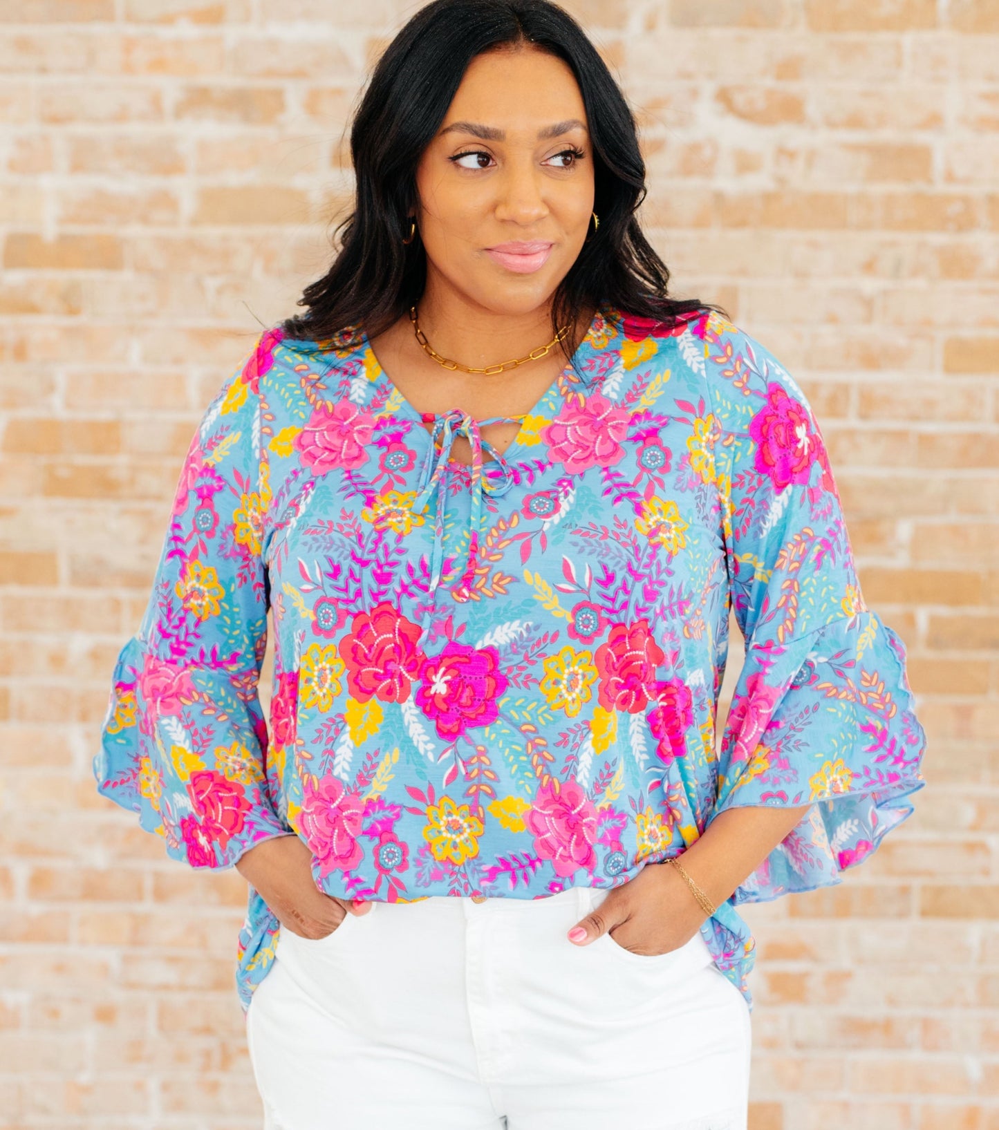 Willow Bell Sleeve Top | Bright Blue Floral