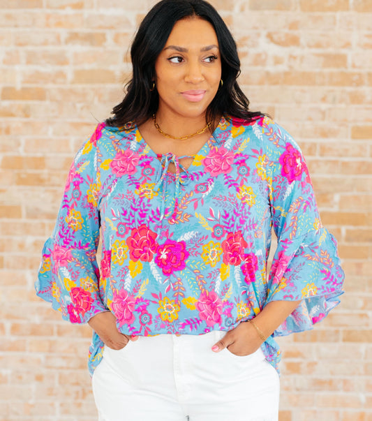 Willow Bell Sleeve Top | Bright Blue Floral