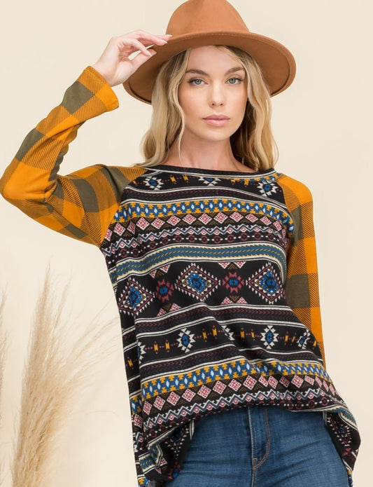 Mustard Aztec Plaid Top