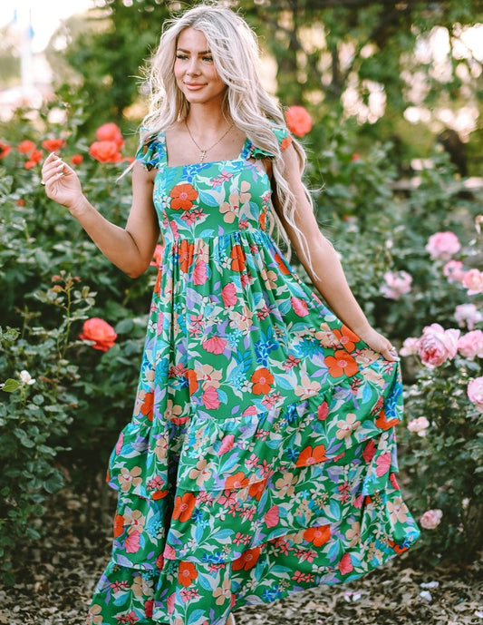 Floral Tiered Ruffle Sleeveless Dress