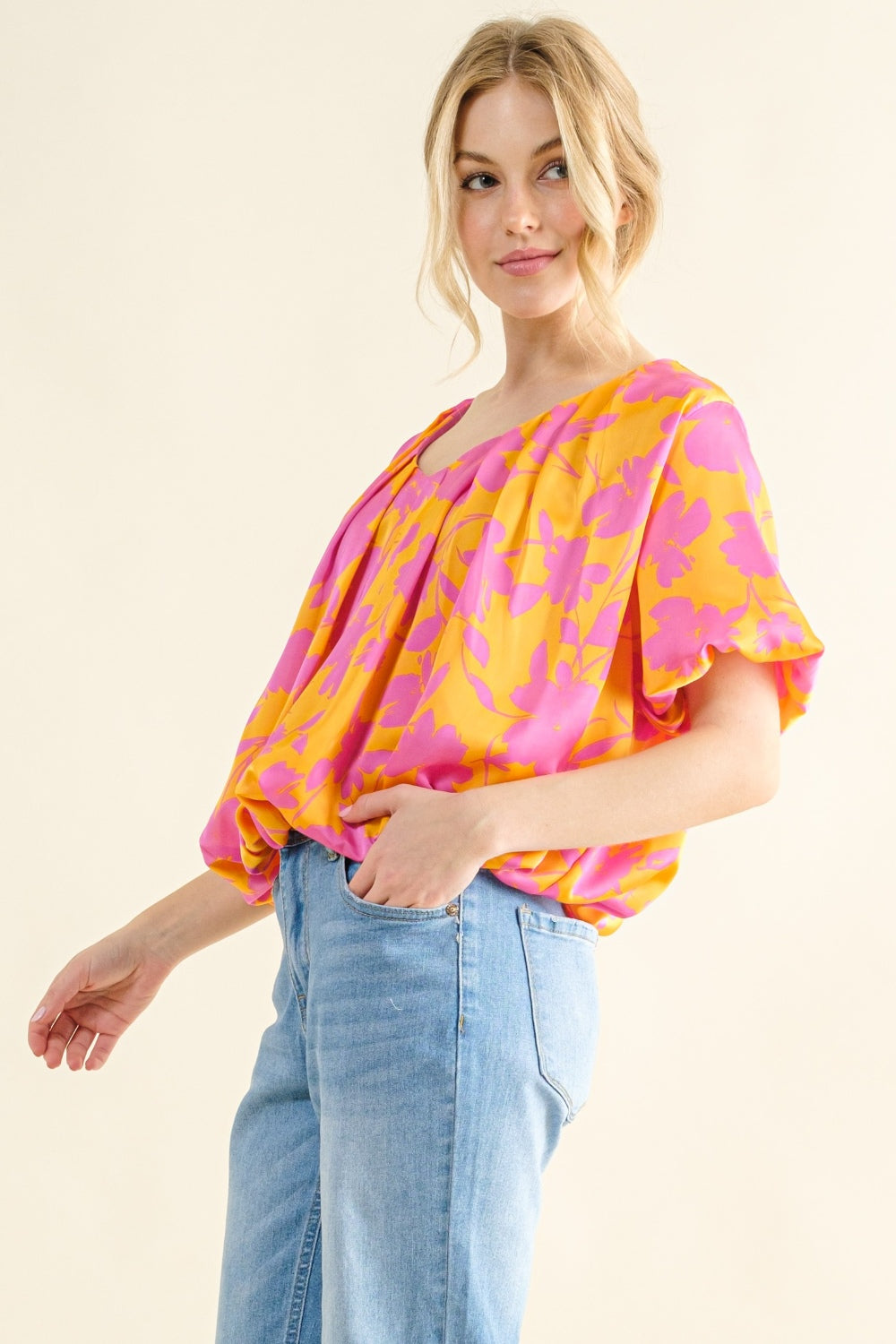 Floral Satin Bubble Hem Top