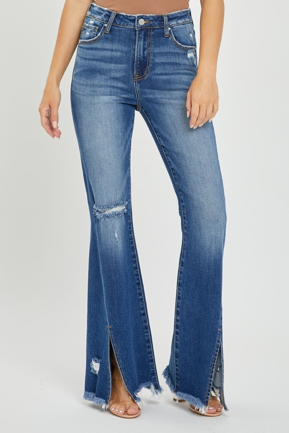 Cassandra High-Rise Front Slit Frayed Flare Jeans | Risen