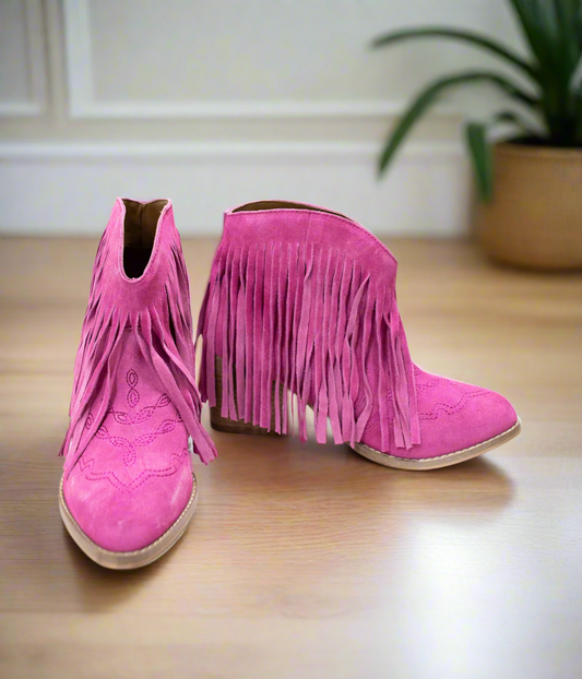 Amos Fringe Ankle Booties | Magenta Suede