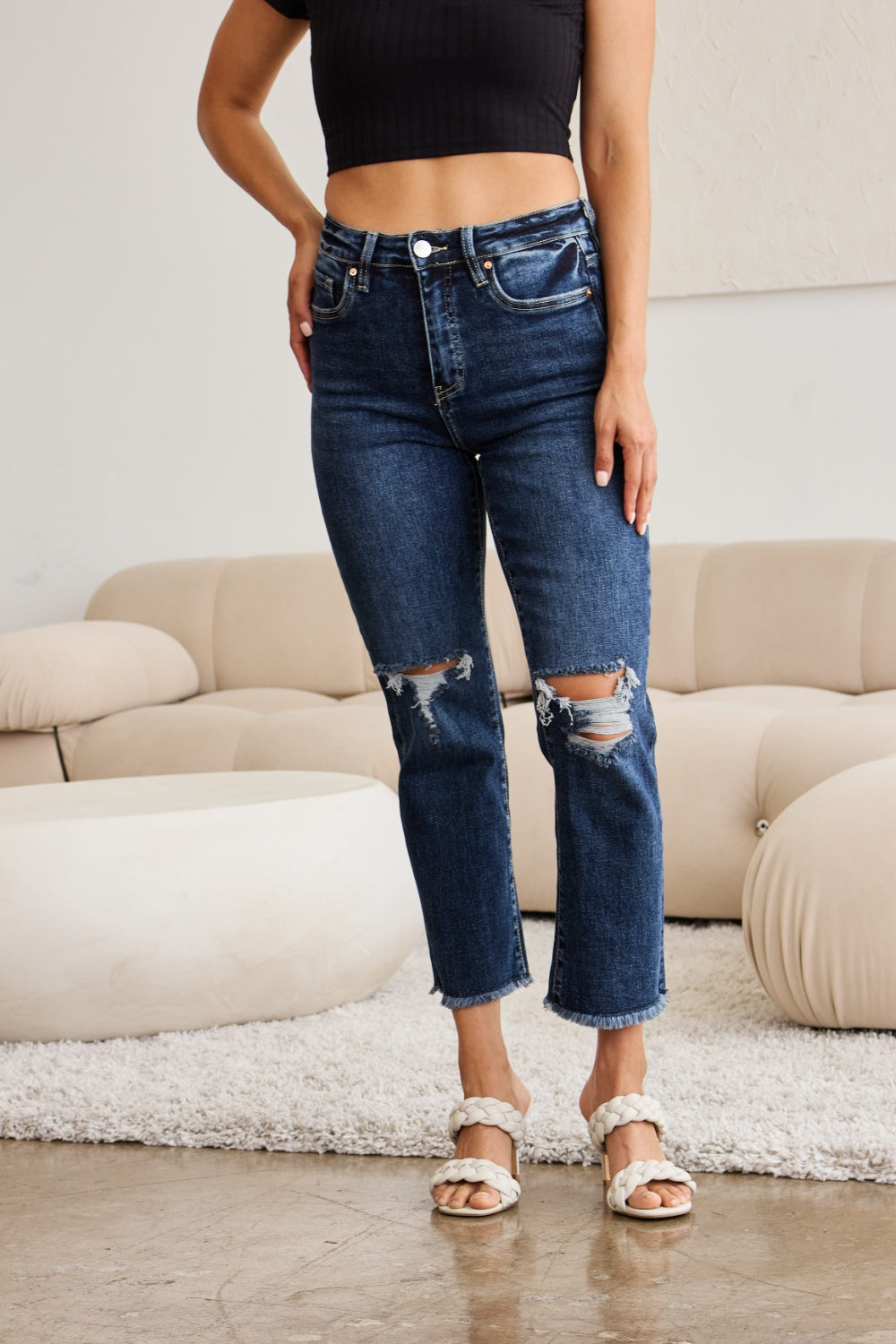 Dylan Tummy Control Distressed High-Waist Cropped Jeans | RFM