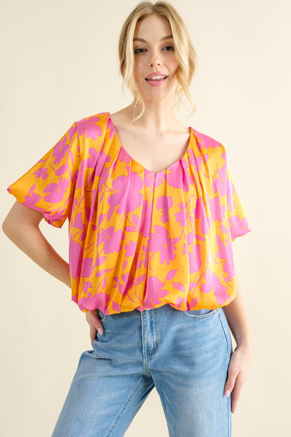 Floral Satin Bubble Hem Top