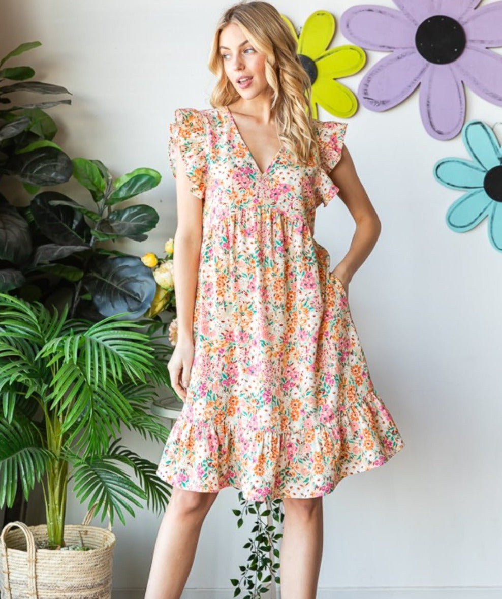 Floral Ruffled V-Neck Dress