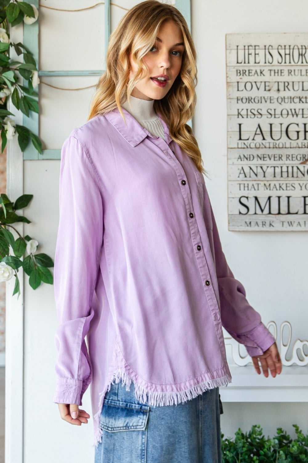 Sutton Raw Hem Button-Up Top | Veveret