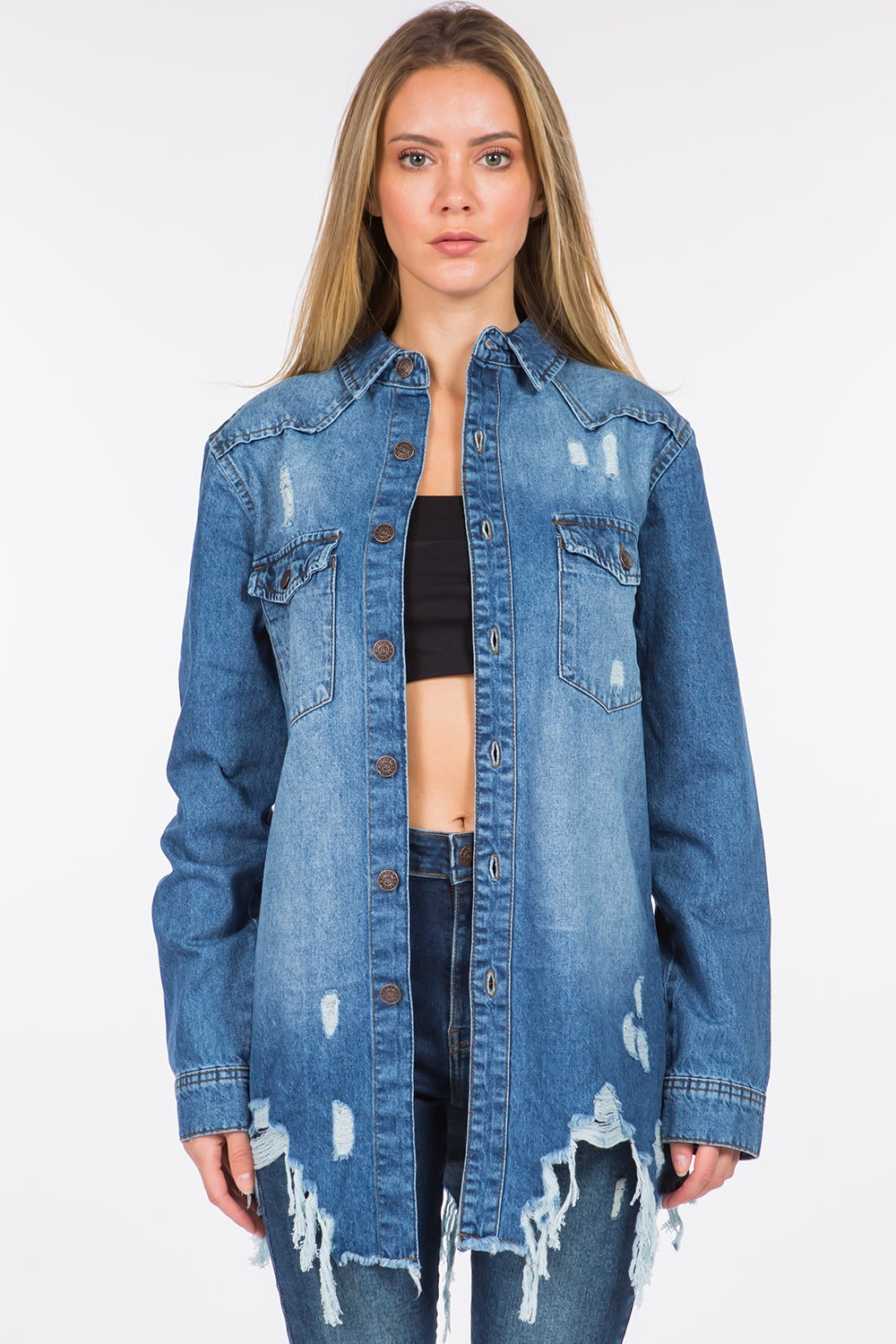 Lilah Distressed Frayed Denim Jacket | American Bazi