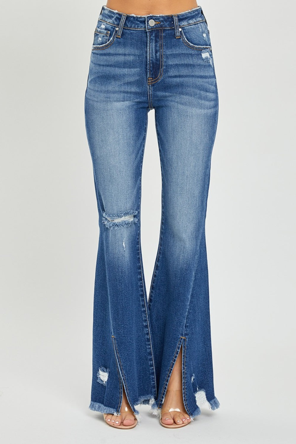 Cassandra High-Rise Front Slit Frayed Flare Jeans | Risen