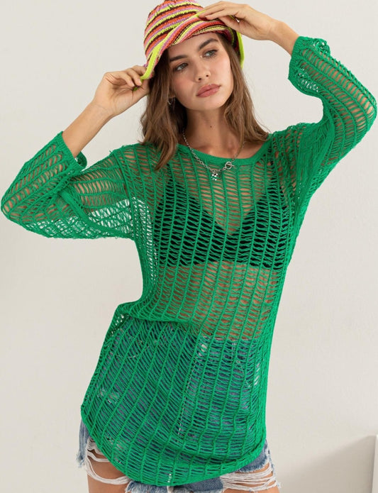 Emerald Crochet Long Sleeve Cover-Up