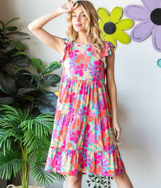 Floral Cap Sleeve Tiered Dress