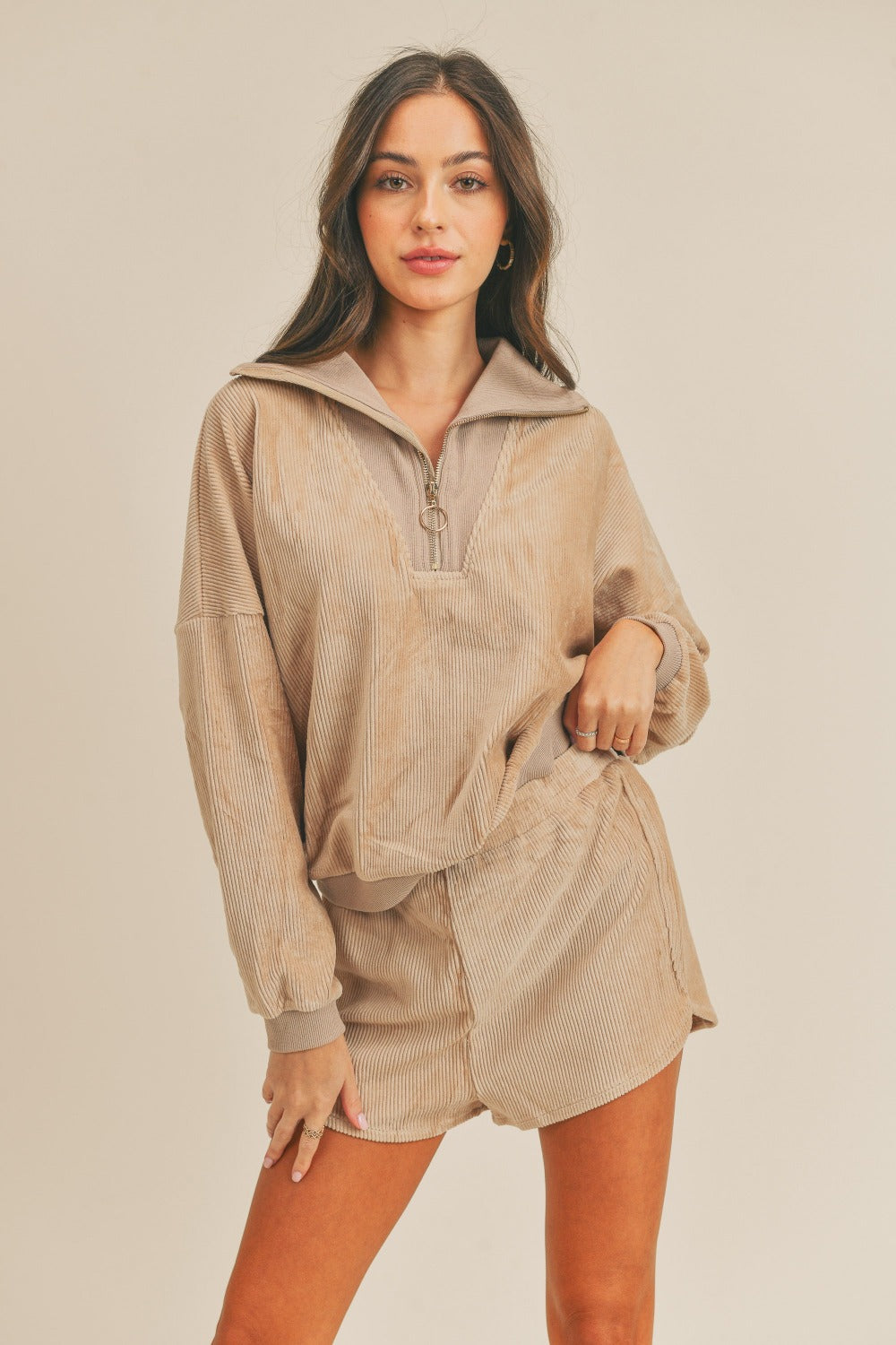 Xyla Corduroy Half-Zip Top & Shorts Set