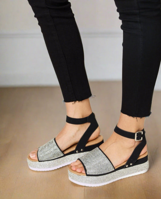 Rhinestone Strappy Wedge Sandals