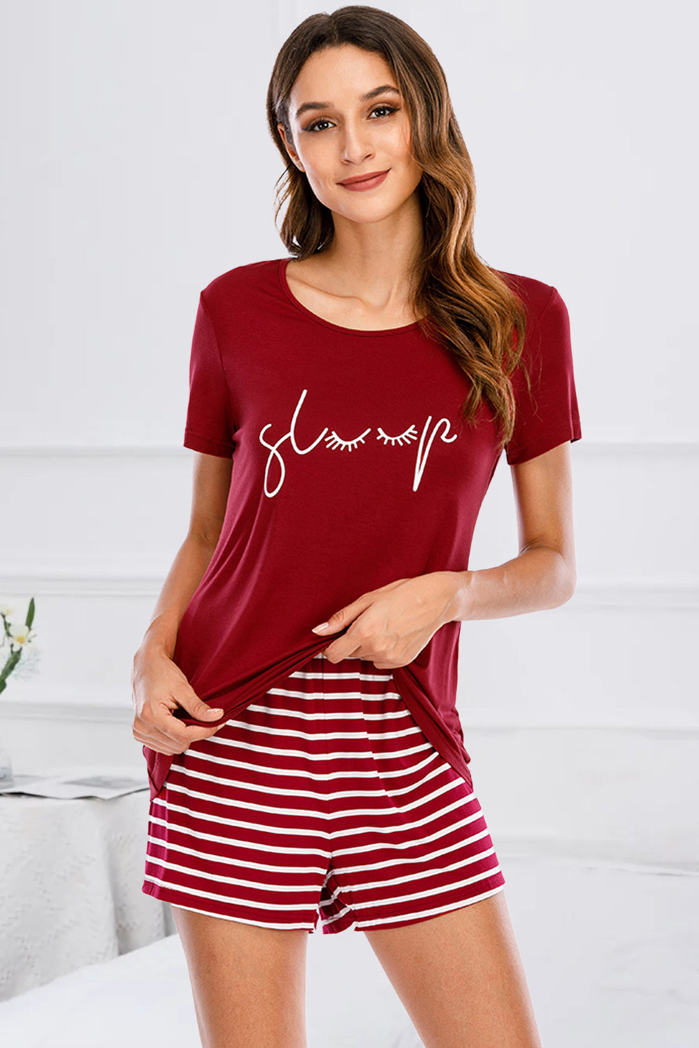 Meow Graphic Top & Striped Shorts Lounge Set