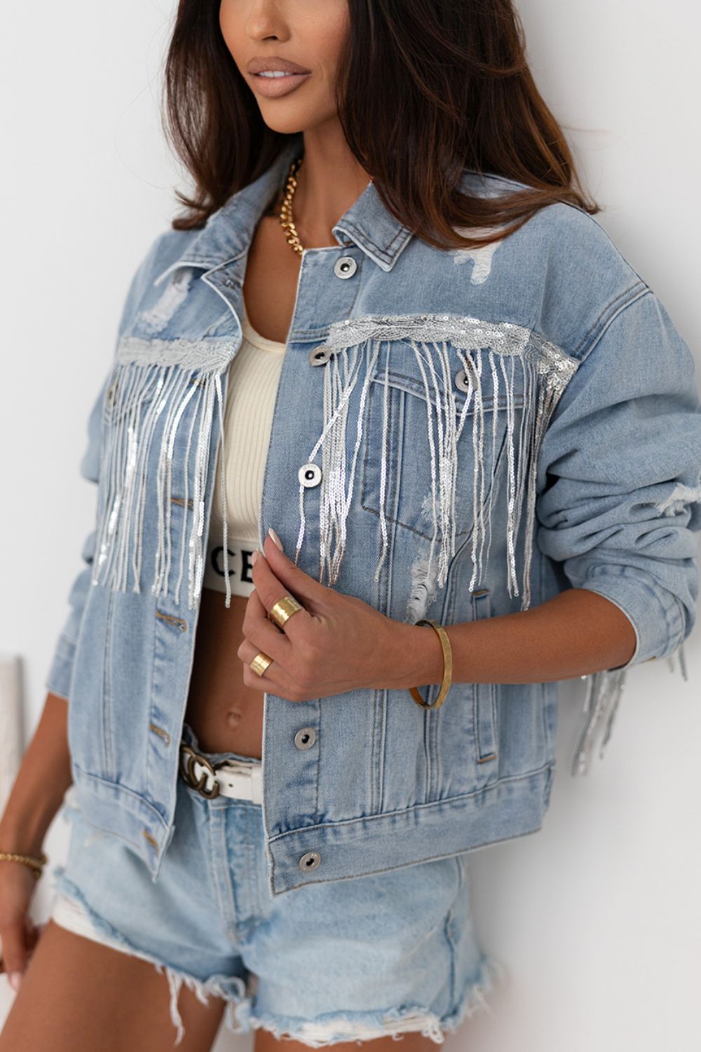 Paige Sequin Fringe Distressed Denim Jacket