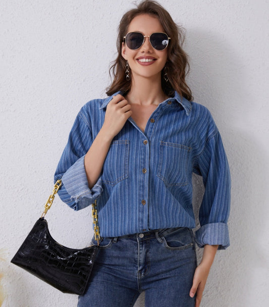 Everyday Striped Button-Up Denim Shirt