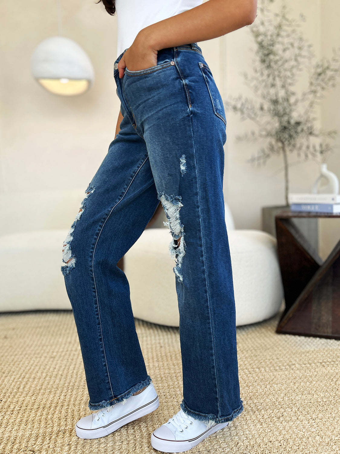 Ellianna Mid-Rise Distressed Raw Hem Jeans | Judy Blue