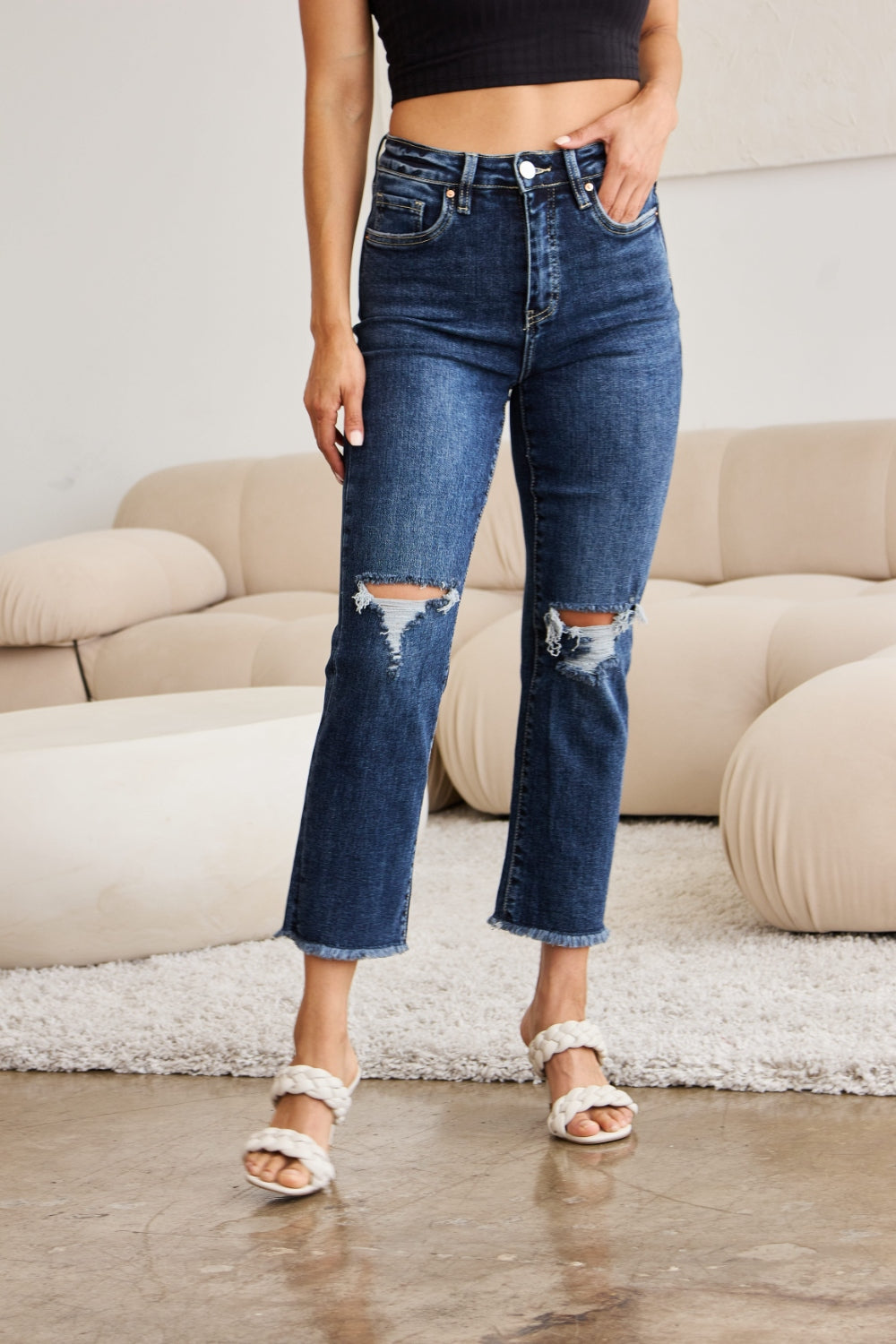 Dylan Tummy Control Distressed High-Waist Cropped Jeans | RFM