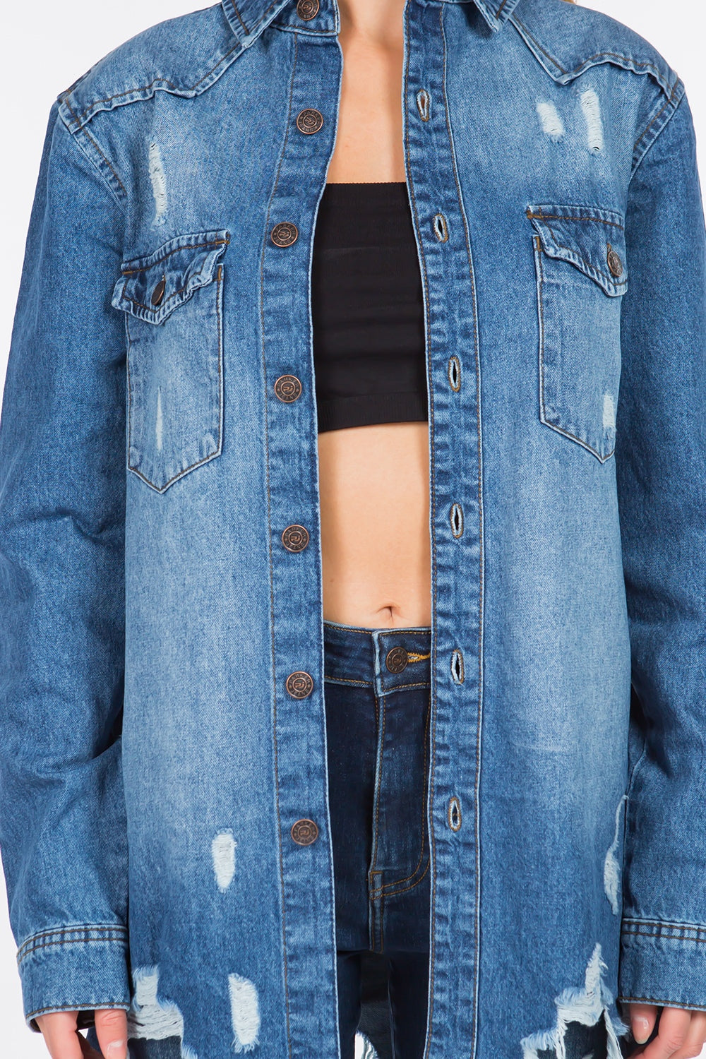 Lilah Distressed Frayed Denim Jacket | American Bazi