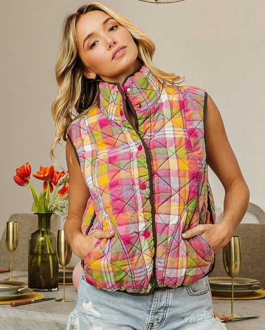 Quilted Plaid Snap Down Vest