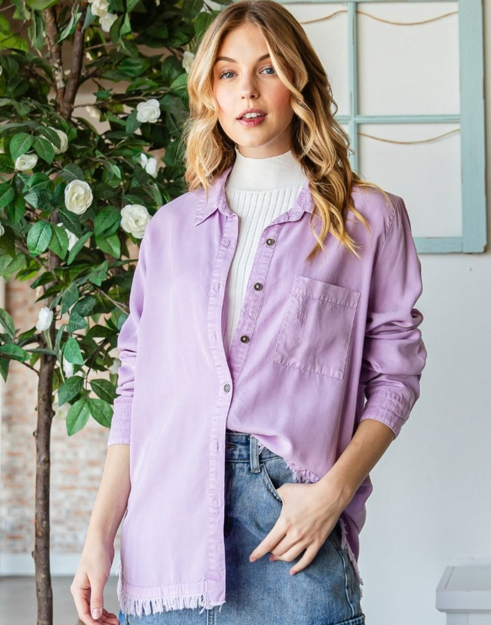 Sutton Raw Hem Button-Up Top | Veveret