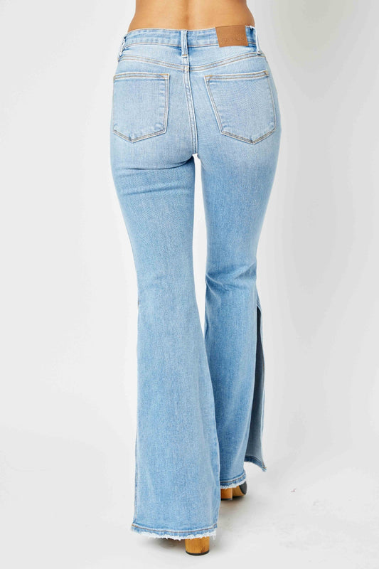 Sara Mid-Rise Raw Hem Slit Flare Jeans | Judy Blue