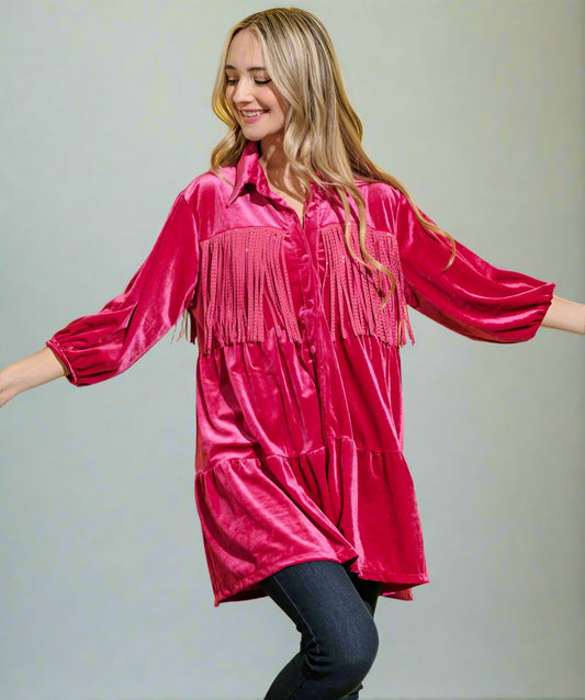 Annabelle Fringe Velvet Shirt Dress