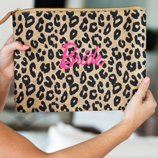 Bride Leopard Burlap Zip Pouch