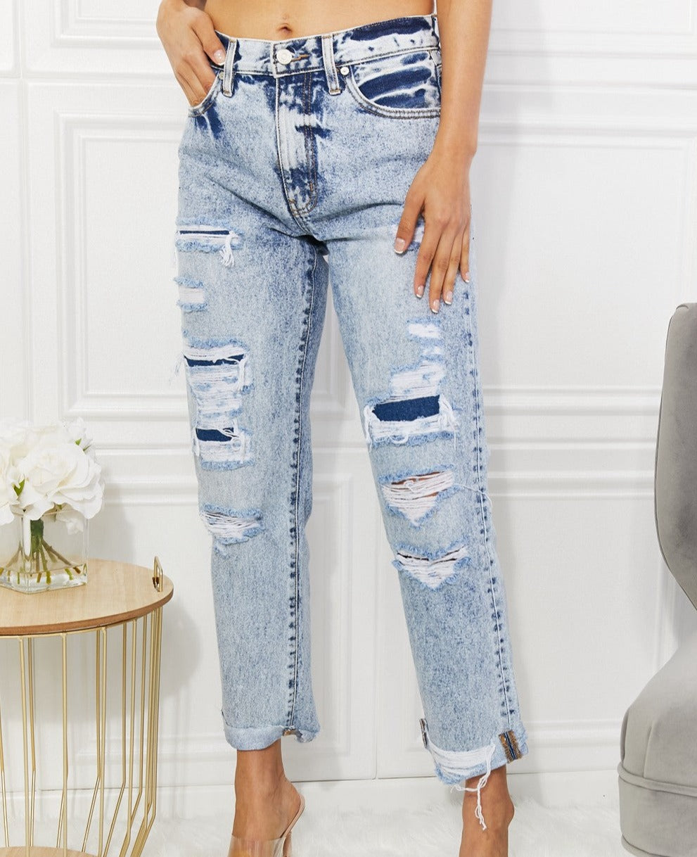 Kendra High Rise Distressed Straight Jeans | Kancan