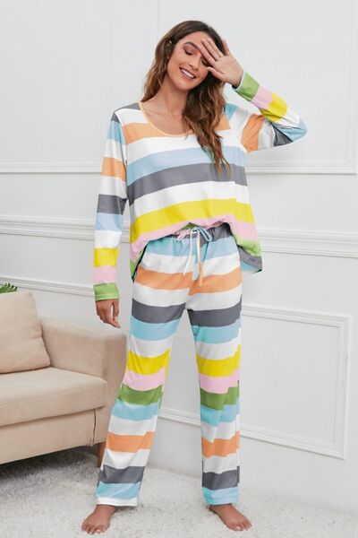 Striped Top & Drawstring Pants Lounge Set