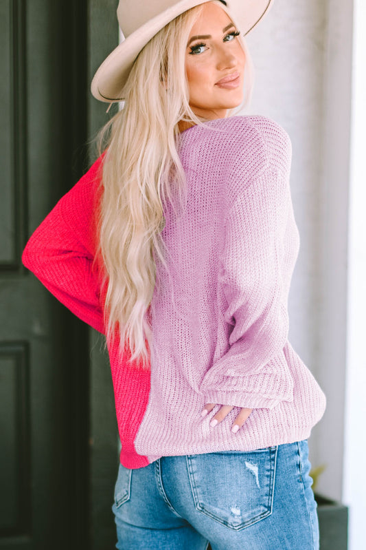 Pink Hues Contrast Color Pullover Sweater