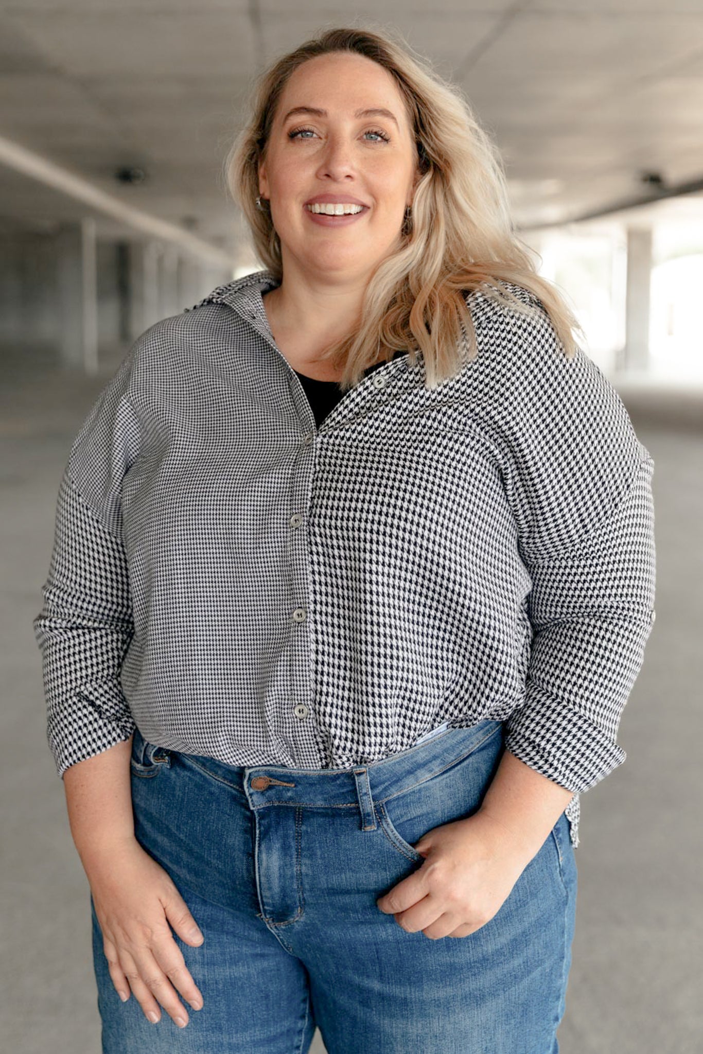 Mixed Houndstooth Button-Up Top