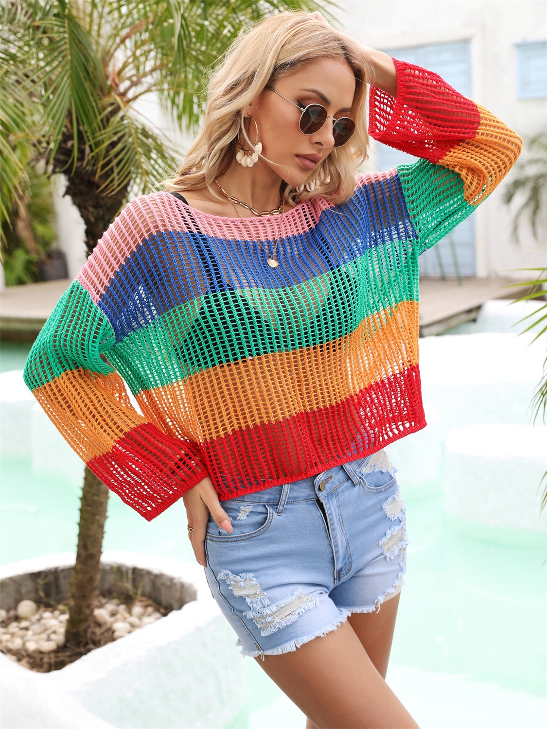 Color Block Openwork Boat Neck Cover-Up