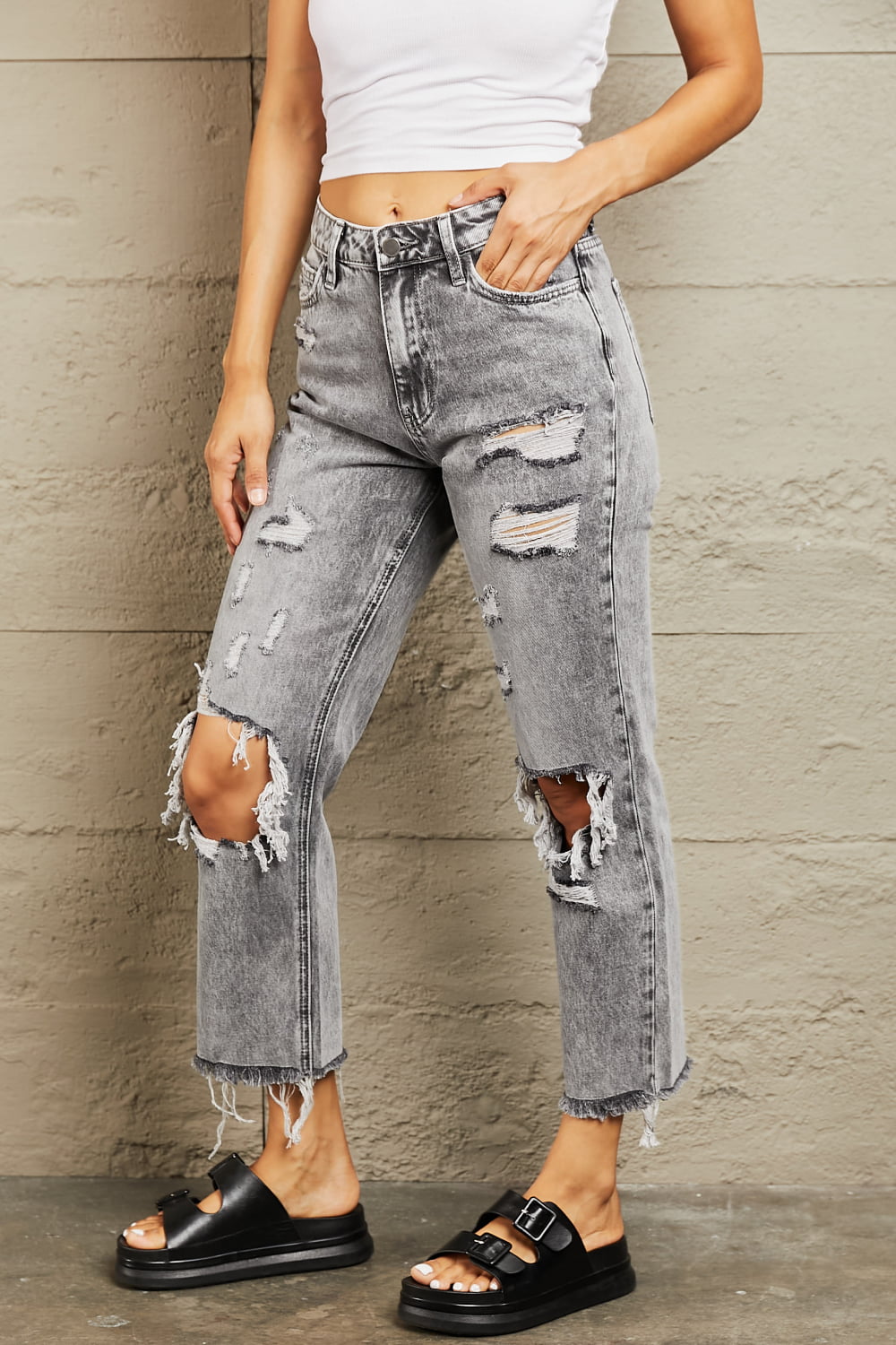 Acid Wash Distressed Straight Jeans | Bayeas