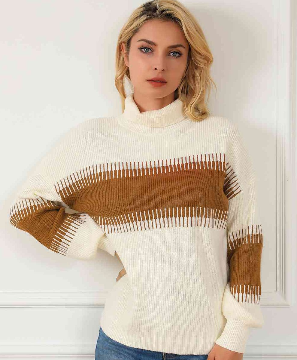 Caramel Cream Contrast Turtleneck Sweater