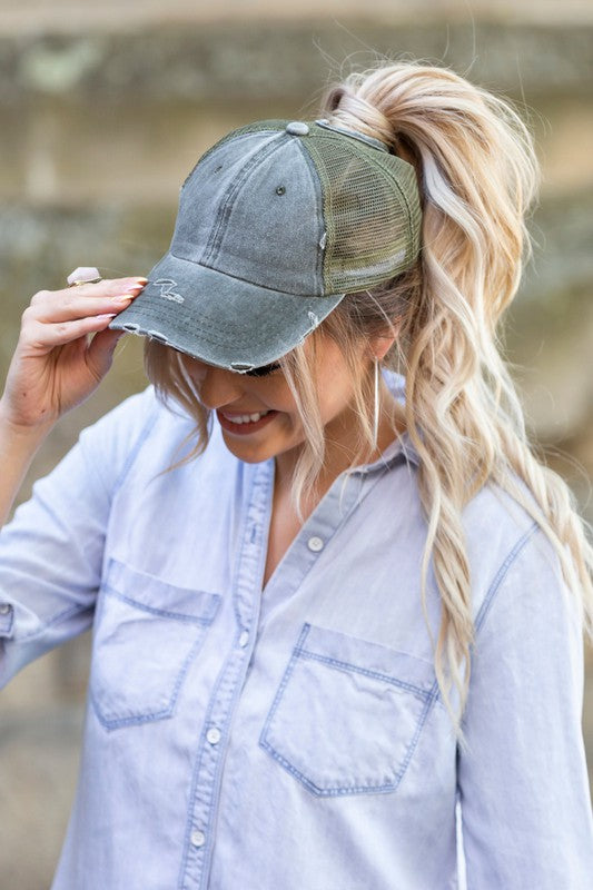 Distressed Messy Bun Hat Cap - Bella Lia Boutique
