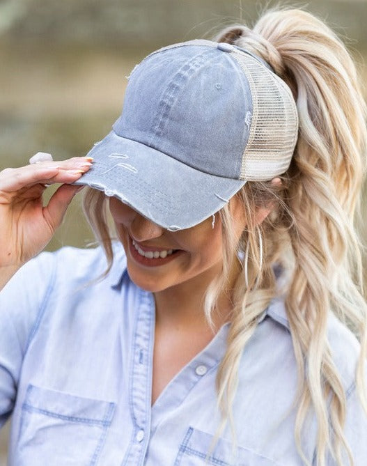 Distressed Messy Bun Hat Cap - Bella Lia Boutique