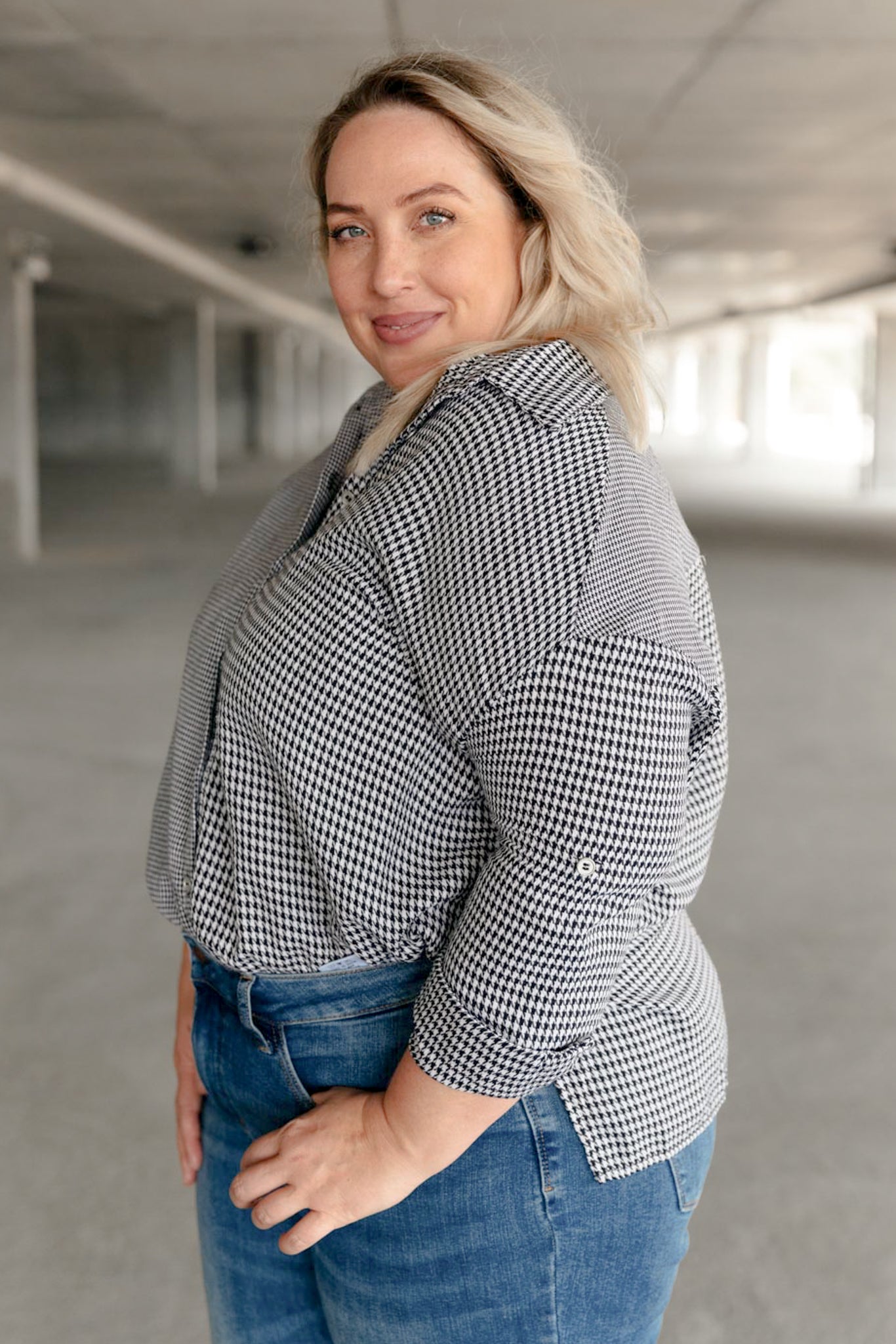 Mixed Houndstooth Button-Up Top