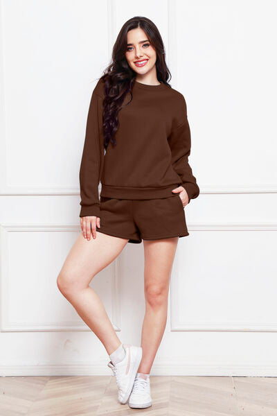 Relaxed Long Sleeve Sweatshirt & Drawstring Shorts Set