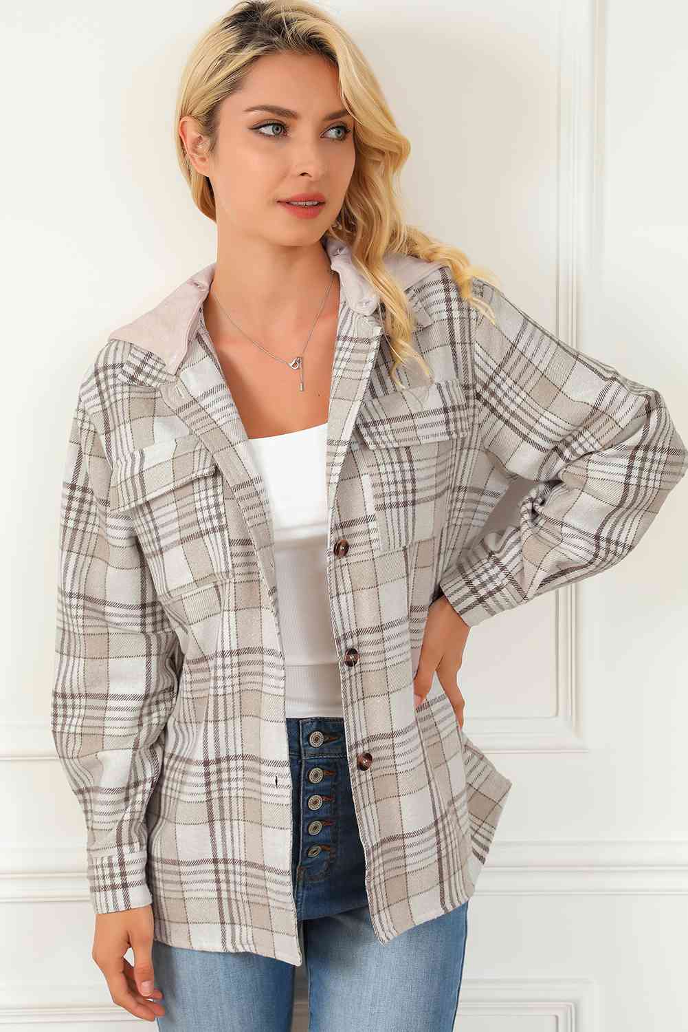 Sandy Plaid Button Hooded Jacket