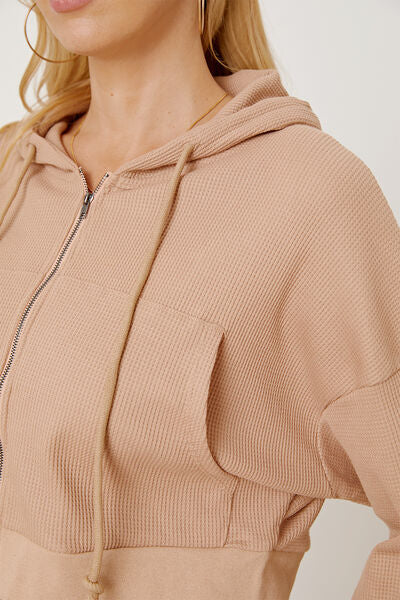 Waffle-Knit Drawstring Zip-Up Hoodie