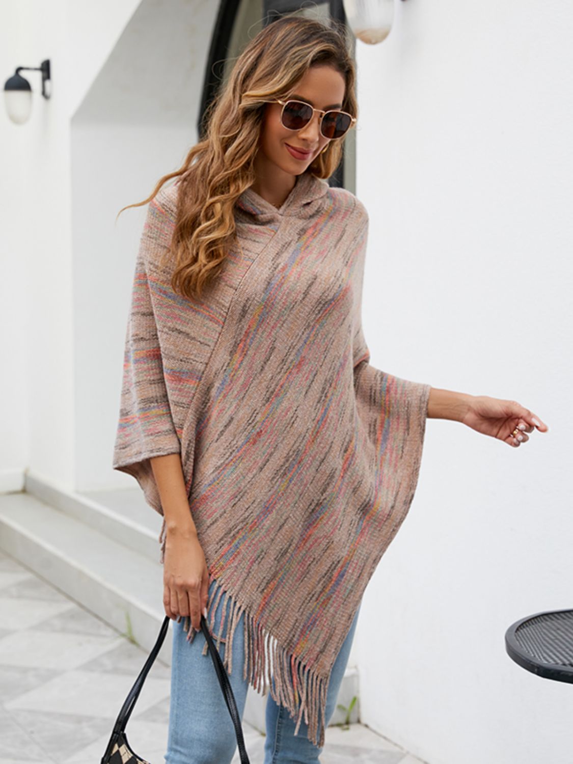 Beige Fringe Hooded Poncho