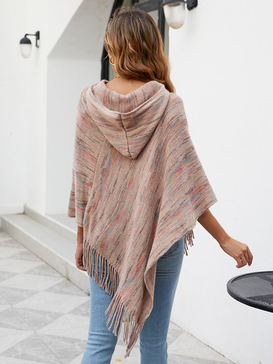 Beige Fringe Hooded Poncho