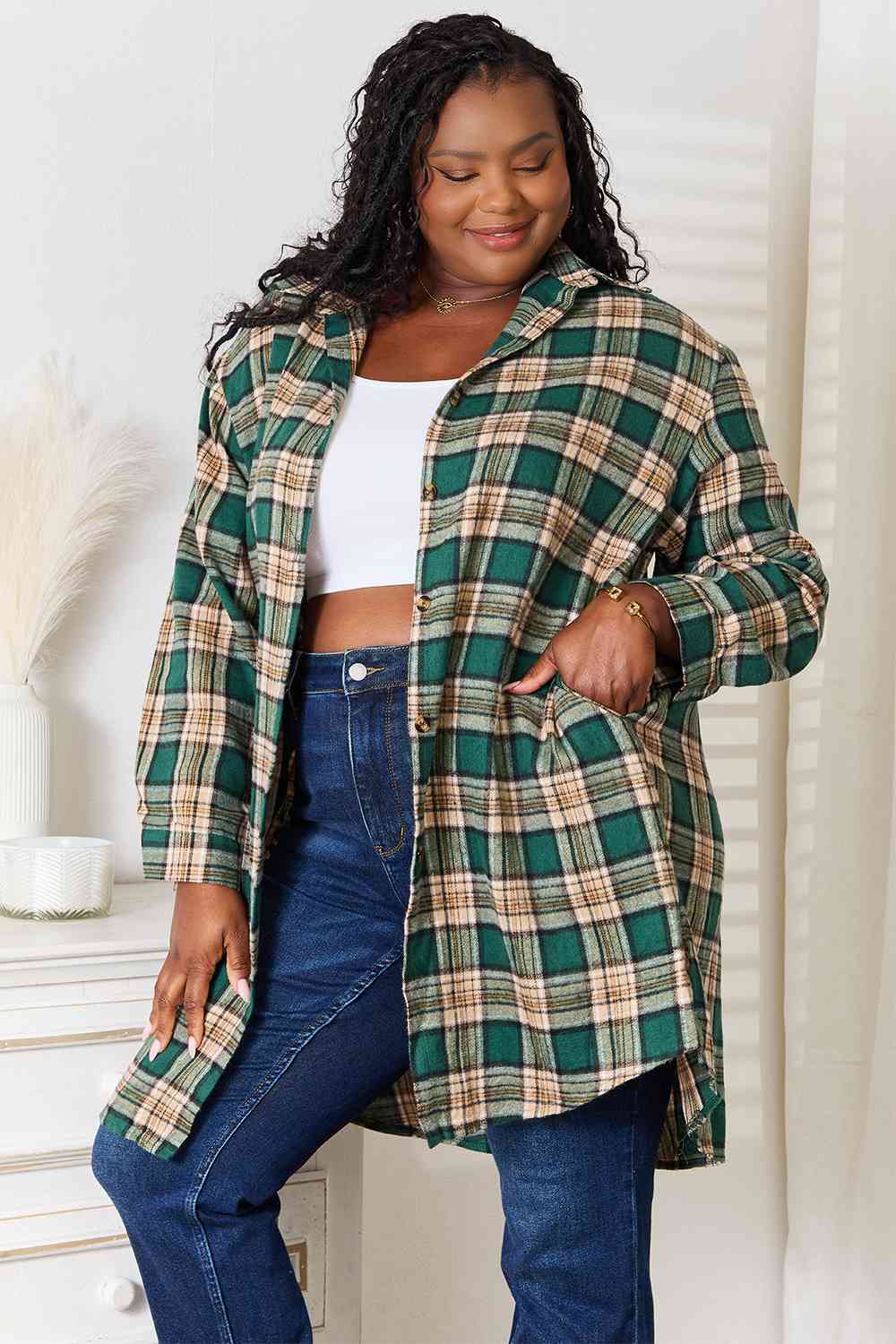 Plaid Collared Long Sleeve Top