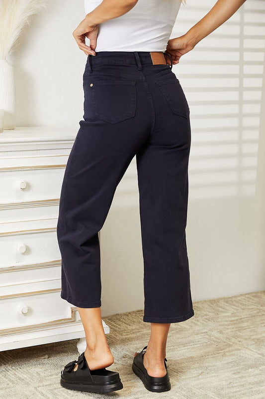 Joyce High-Waist Tummy Control Garment Dyed Wide Cropped Jeans | Judy Blue